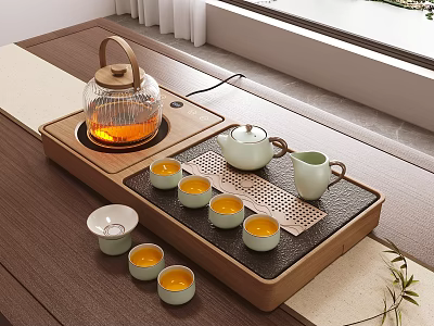 Minimalist Tea Set with Wooden Tray Transparent Electric Teapot and Light Green Teacups 3d model