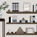 Traditional Chinese Wooden Shelves Displaying Classic Books Magazines With Ceramic Vase Plant And Decorative Ornaments