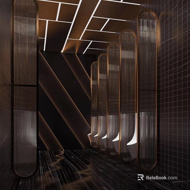 Modern Public Restroom Interior Design With Sleek Partitions And LED Strip Lighting 3d model 
