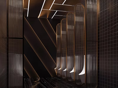 Modern Public Restroom Interior Design With Sleek Partitions And LED Strip Lighting 3d model