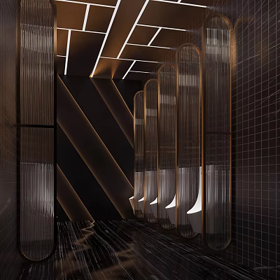 Modern Public Restroom Interior Design With Sleek Partitions And LED Strip Lighting 3d model