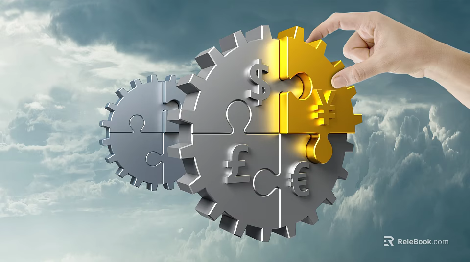 Hand Fitting Yellow Gear With Euro Symbol Into Grey Gear Set Against Cloudy Sky 3d model 