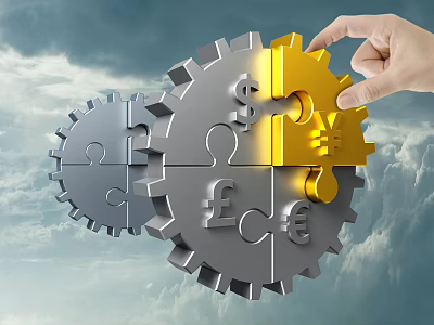 Hand Fitting Yellow Gear With Euro Symbol Into Grey Gear Set Against Cloudy Sky 3d model