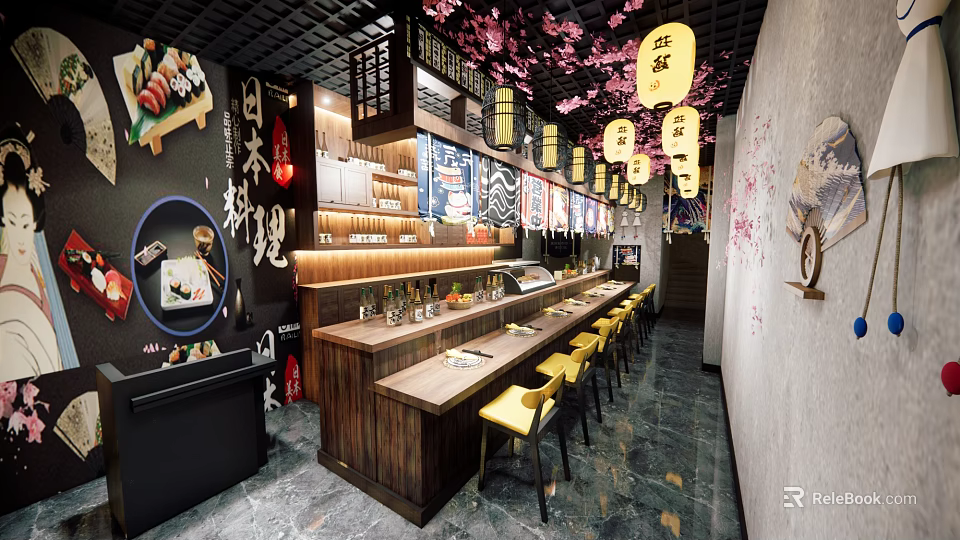 Japanese Restaurant Interior Featuring Sushi Bar Counter Yellow Chairs Cherry Blossom Decor And Lanterns 3d model 