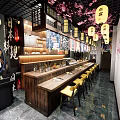 Japanese Restaurant Interior Featuring Sushi Bar Counter Yellow Chairs Cherry Blossom Decor And Lanterns
