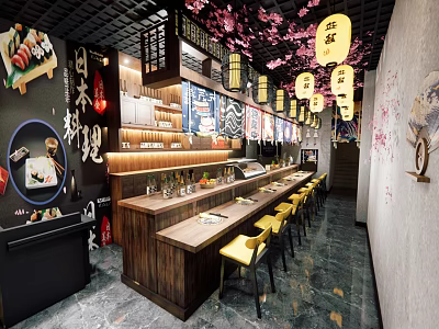 Japanese Restaurant Interior Featuring Sushi Bar Counter Yellow Chairs Cherry Blossom Decor And Lanterns 3d model