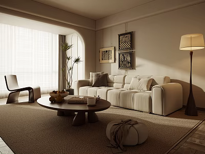 Modern Living Room Interior Design With Beige Sofa Round Coffee Table And Framed Wall Art 3d model