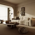 Modern Living Room Interior Design With Beige Sofa Round Coffee Table And Framed Wall Art