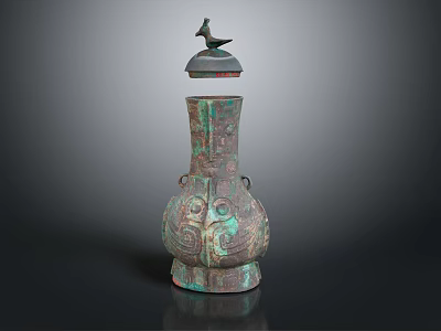 Ancient Bronze Wine Bottle Featuring Bird Shaped Lid And Intricate Decorative Patterns 3d model