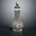 Ancient Bronze Wine Bottle Featuring Bird Shaped Lid And Intricate Decorative Patterns 3d model