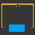 Yellow Gantry Crane Setup With Red Cylindrical Object And Blue Cuboid Structure