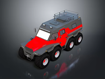 Rugged Six Wheel Off Road Vehicle in Gray and Red with Roof Rack 3d model