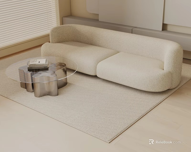 Modern Beige Three-Seater Sofa with Transparent Glass Coffee Table Silver Metal Legs on Light Rug 3d model 