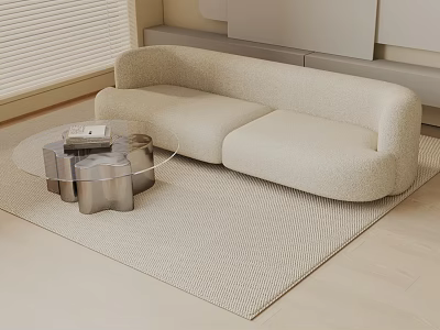 Modern Beige Three-Seater Sofa with Transparent Glass Coffee Table Silver Metal Legs on Light Rug 3d model
