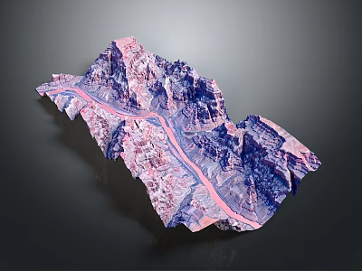 3D Terrain Model with Purple Pink Mountains Valleys and Central Pink River 3d model