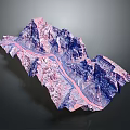 3D Terrain Model with Purple Pink Mountains Valleys and Central Pink River