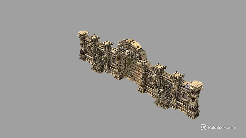 Ancient Stone Gate Structure With Archway Tower And Stone Steps Design 3d model