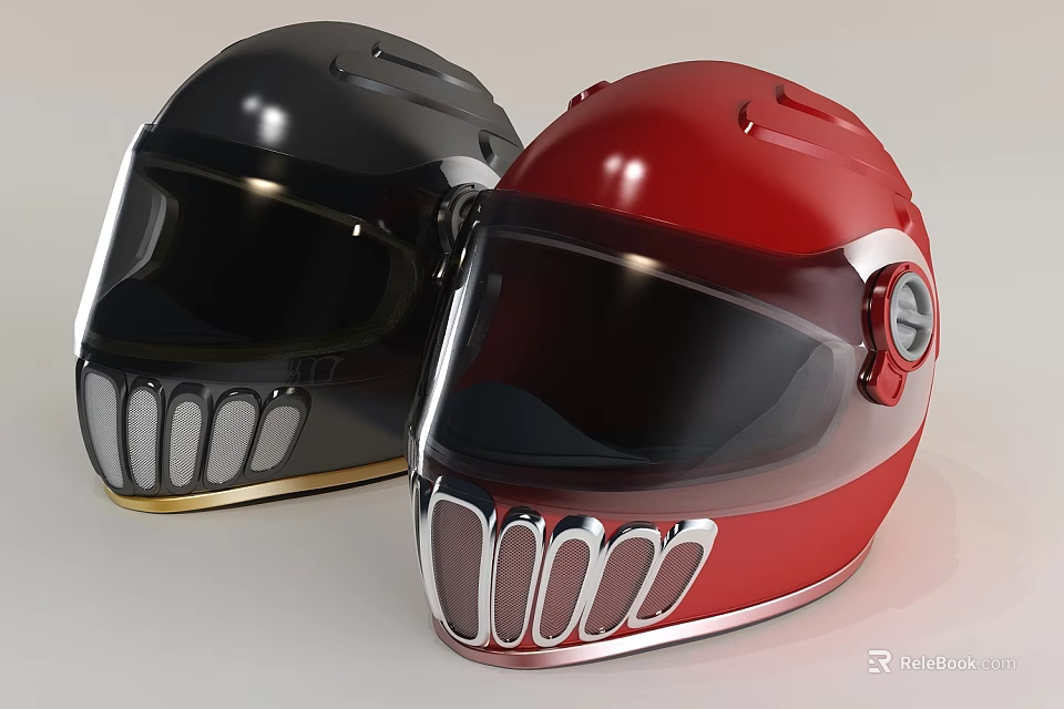 Black And Red Racing Helmets With Full Face Visor And Ventilation Vents 3d model 