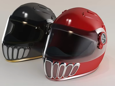 Black And Red Racing Helmets With Full Face Visor And Ventilation Vents 3d model