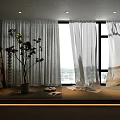 White Flowing Curtains In Modern Living Room With Potted Plant And Floor To Ceiling Window