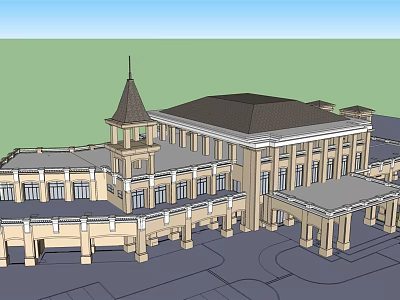 Grand Classical Building Exterior With Spire Tower Colonnade Large Windows And Symmetrical Design 3d model