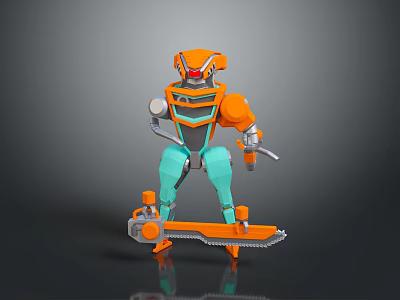 Game Movie Character Robot With Orange And Teal Color Holding Tools On Skate Like Device 3d model