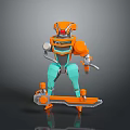 Game Movie Character Robot With Orange And Teal Color Holding Tools On Skate Like Device