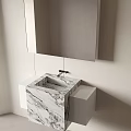 Modern Marble Washbasin With Rectangular Mirror And Sleek Faucet On White Wall