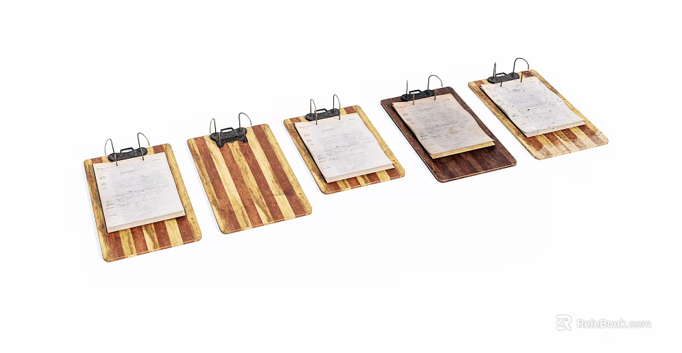 Set Of Wooden Clipboards Featuring Various Wood Grain Patterns And Metal Clips 3d model 