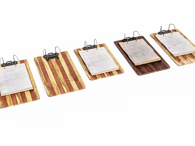 Set Of Wooden Clipboards Featuring Various Wood Grain Patterns And Metal Clips 3d model