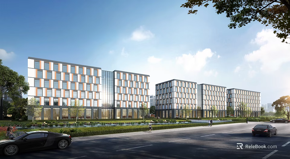 Modern Multi Storey Office Buildings Exterior With Landscaping And Road 3d model 