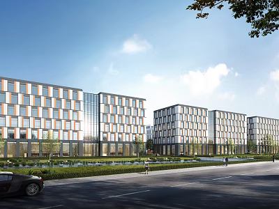Modern Multi Storey Office Buildings Exterior With Landscaping And Road 3d model