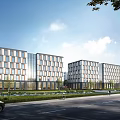 Modern Multi Storey Office Buildings Exterior With Landscaping And Road