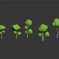 Green Tree Models With Light Colored Trunks And Green Canopies On Black Background With Reflections