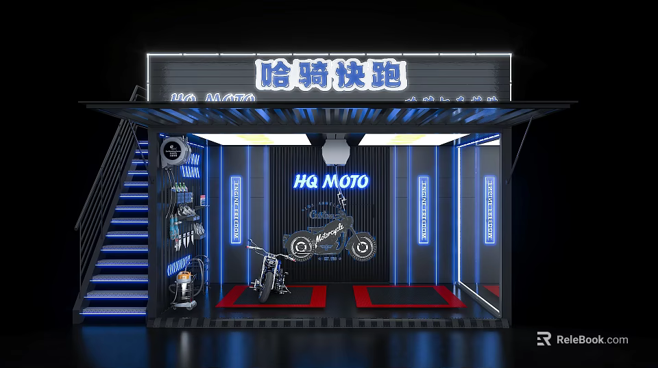 HQ MOTO Motorcycle Showroom Interior Display With Neon Lights And Stand Setup 3d model 