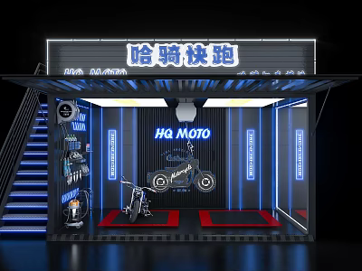 HQ MOTO Motorcycle Showroom Interior Display With Neon Lights And Stand Setup 3d model