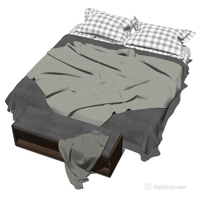 Comfortable Double Bed With Plaid Pillows Gray Blanket And Wooden Footstool 3d model 