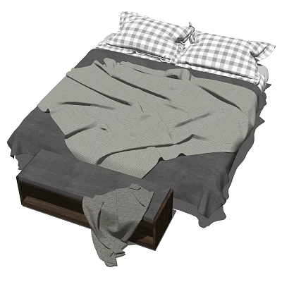 Comfortable Double Bed With Plaid Pillows Gray Blanket And Wooden Footstool 3d model