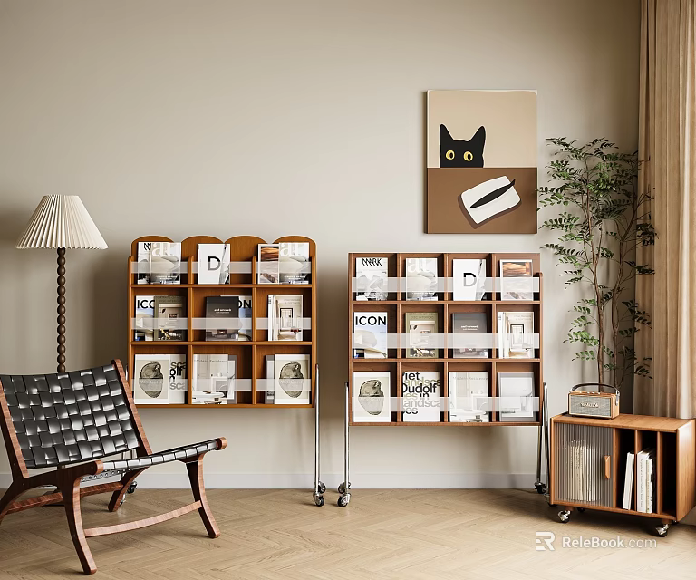 Stylish Wooden Storage Shelf Unit in Home Interior With Books Decor And Potted Plant 3d model 
