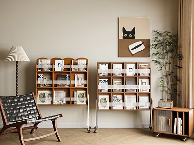 Stylish Wooden Storage Shelf Unit in Home Interior With Books Decor And Potted Plant 3d model