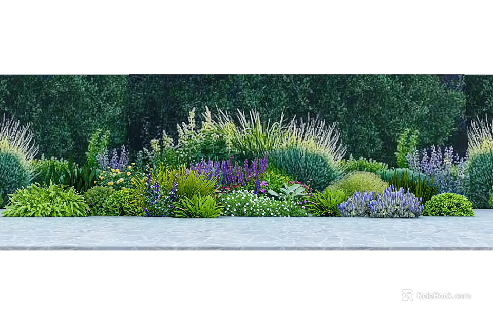 Lush Garden Shrubs With Diverse Plants Colorful Flowers Along Stone Pathway 3d model 