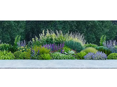 Lush Garden Shrubs With Diverse Plants Colorful Flowers Along Stone Pathway 3d model