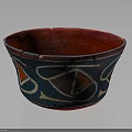 Vintage Red and Blue Decorative Bowl With Geometric Patterns And Cracked Surface