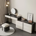 Elegant Modern Dressing Table With Round Mirror Pendant Lights Cosmetics And Storage Cabinets
