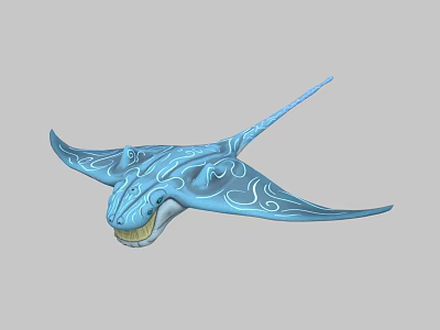 Blue Aquatic Animal With Patterned Body Manta Ray Like Shape Open Mouth And Long Tail 3d model