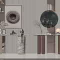 Elegant Modern Console Table With Marble Top Round Mirror Green Plant And Decorative Art