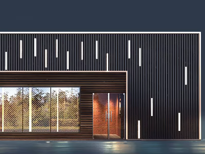 Modern Storefront Design With Black Vertical Strip Wall White Light Strips Wooden Panel And Glass Window 3d model