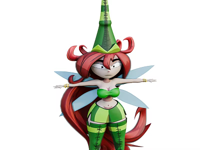 Game Movie Character Fairy With Red Long Hair Green Pointed Hat And Blue Wings 3d model