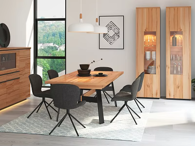 Modern Wooden Dining Table Set With Black Chairs Sideboard Cabinet Pendant Lights And Window View 3d model
