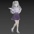 Anime Girl with Long Black Hair Twin Ponytails Purple Shirt Bow Plaid Skirt Lavender Background